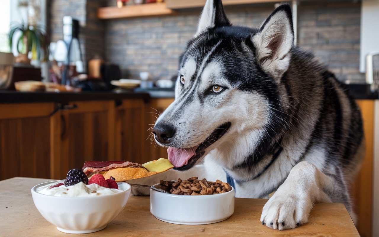 Husky with Greek yogurt and berry parfait for a luxurious morning treat